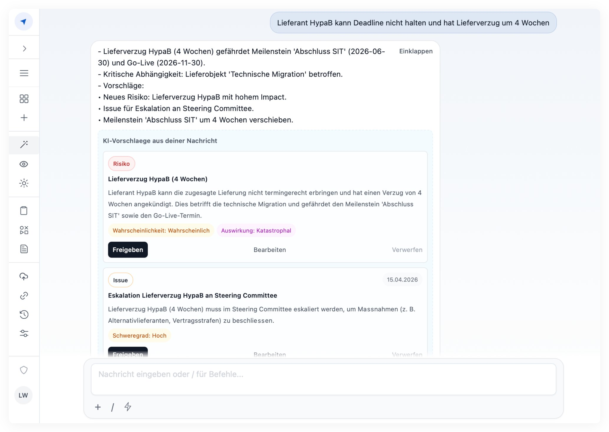 PlanGuide Workspace — AI erkennt automatisch Risiken und Issues aus der Projektkommunikation