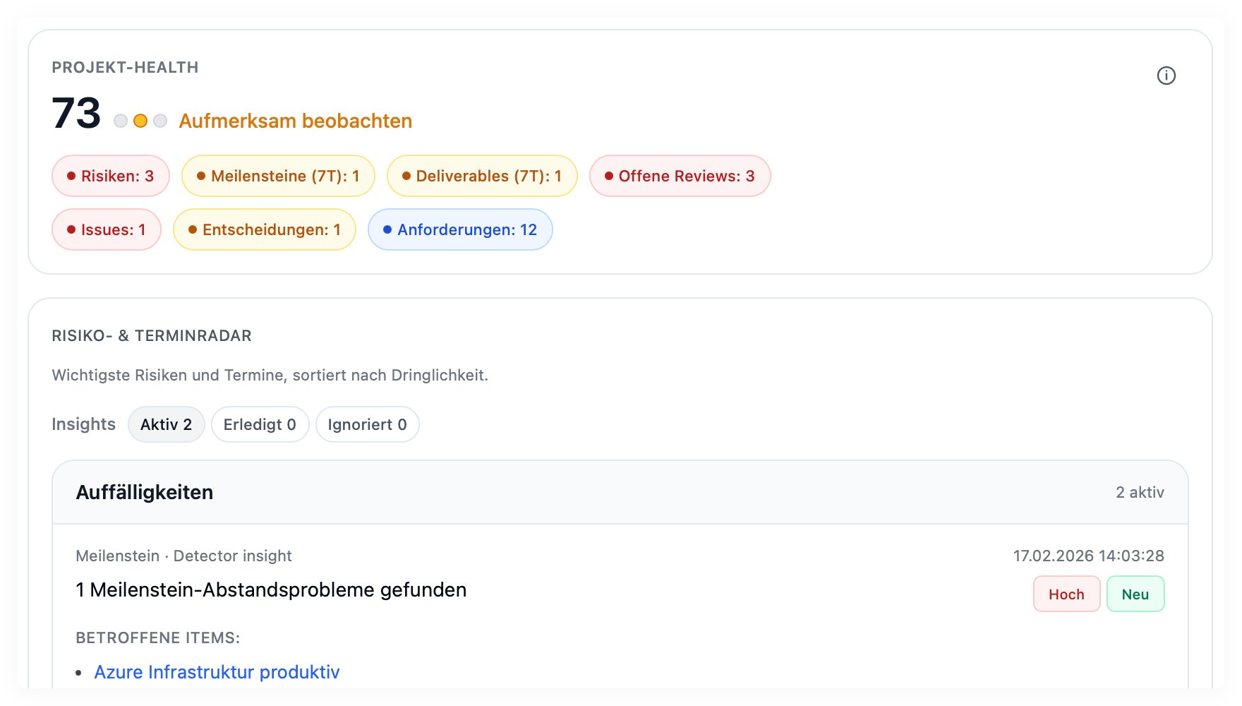 PlanGuide Project Health Dashboard mit Score, Risiken und Insights