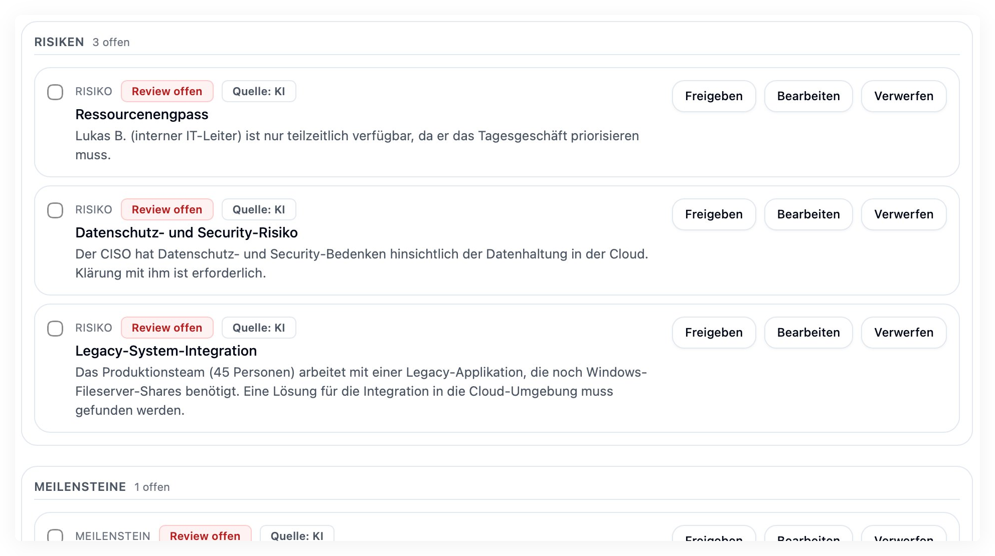 PlanGuide Review Center mit Review-Prinzip für KI Vorschläge