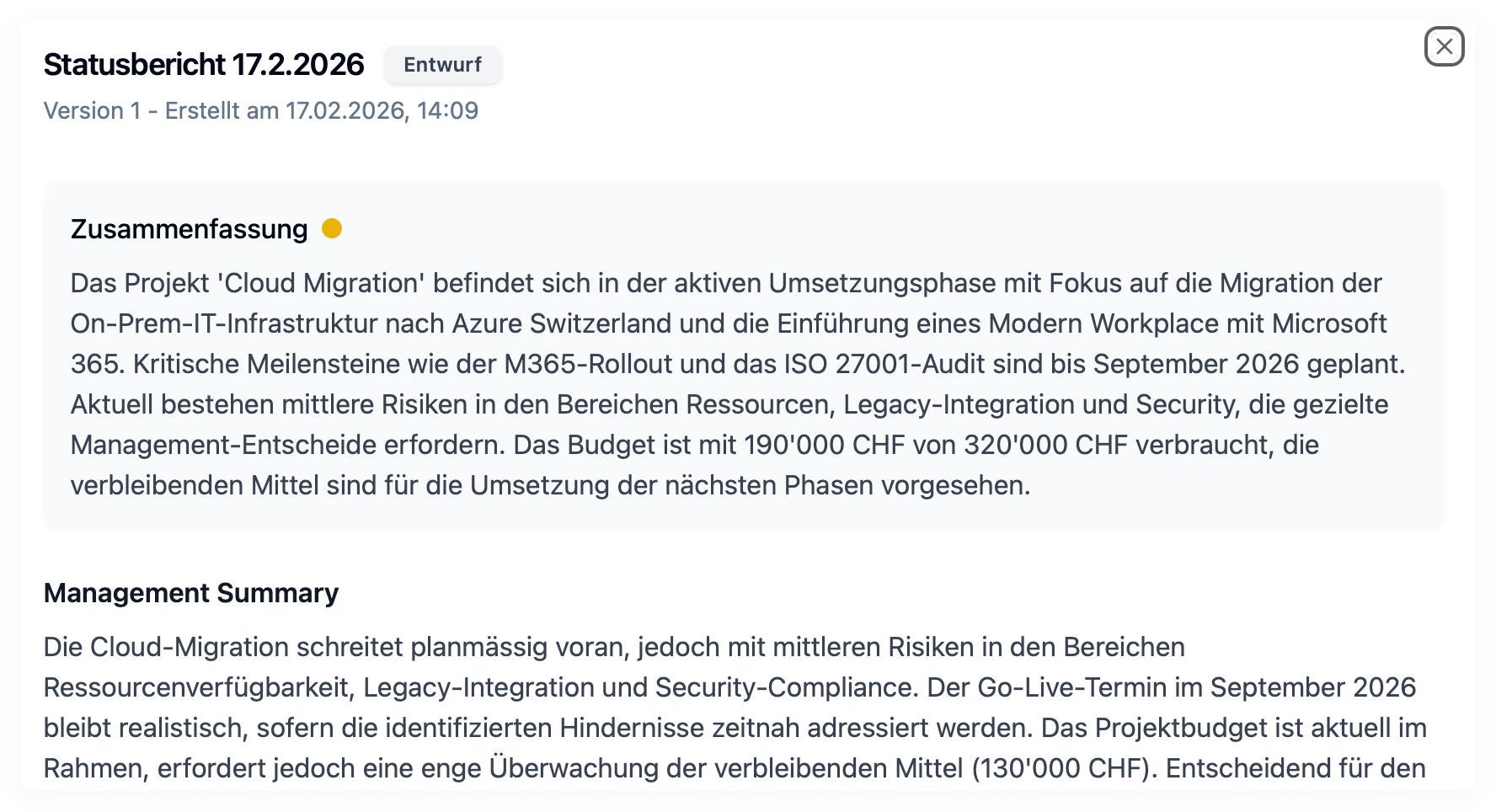 PlanGuide generierter Statusbericht mit Zusammenfassung und Management Summary